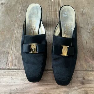 Salvatore Ferragamo Black and Gold Mules
